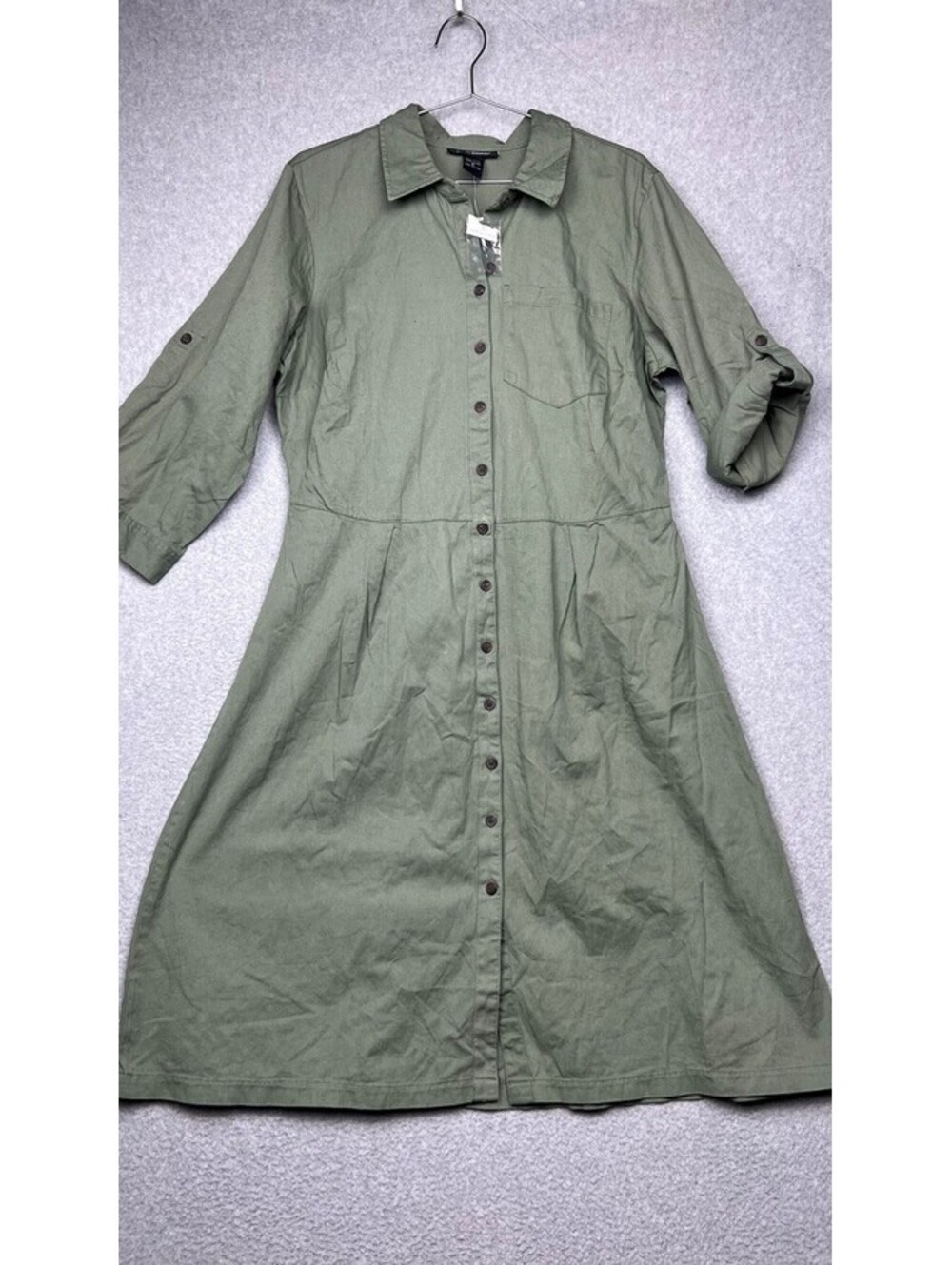 ASHLEY STEWART Cotton Shirt Dress Womens 12 Green Utility Safari Roll Tab Cargo